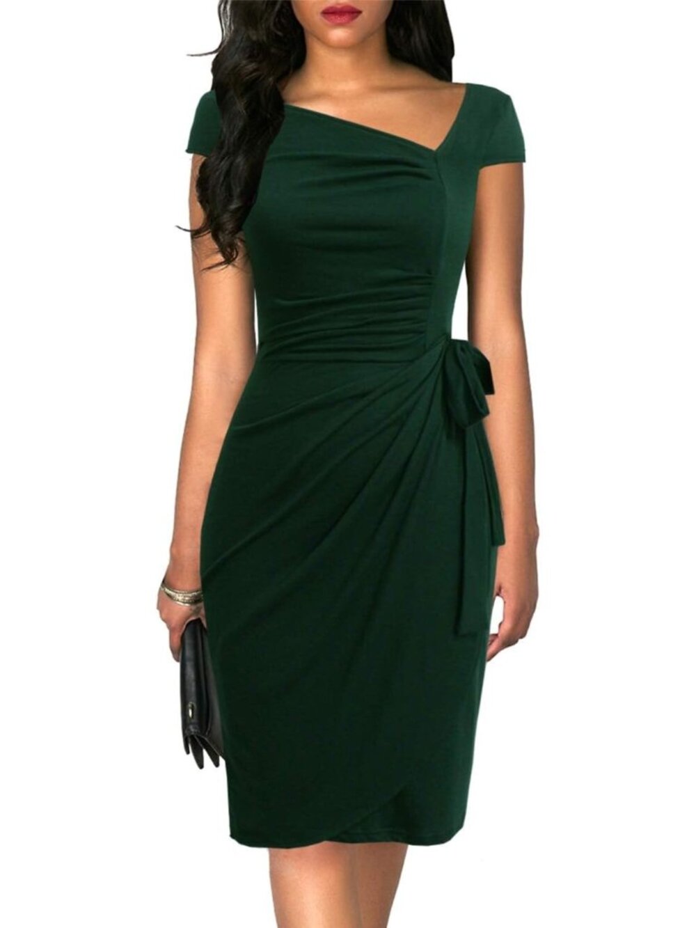 Women's Green Vintage Cap Sleeves Asymmetrical Neckline Sheath Bodycon Dresses